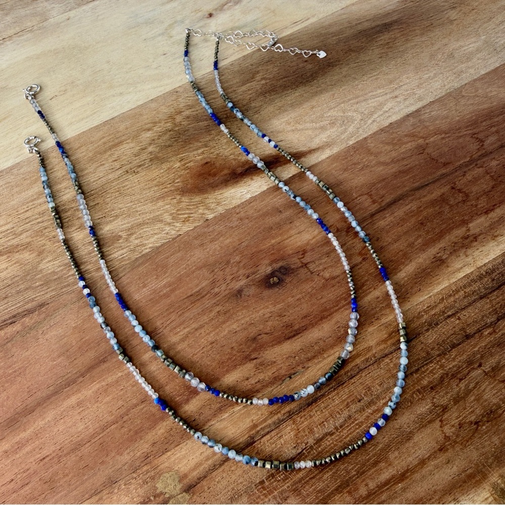 Natural Muli Colored Gemstone Beaded Necklace, Lapis Lazuli Labradorite Pyrite